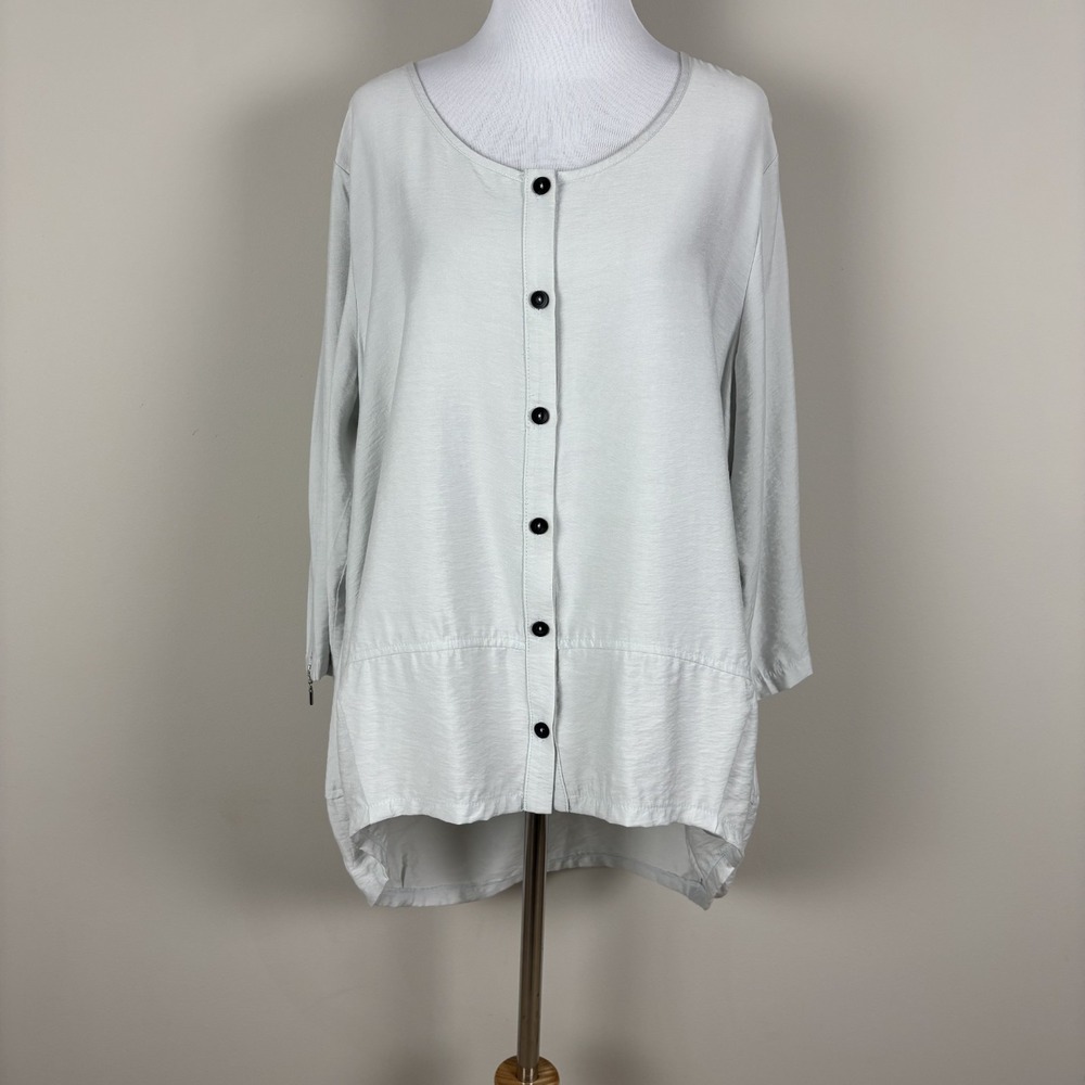 IC by Connie K Top Womens Large Button Up High Low Lagenlook Artsy 3/4 Sleeve L
